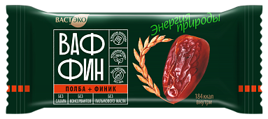 Вафли глазированные "ВАФФИН из Полбы. Финик в темном шоколаде. Без сахара", 50 г
